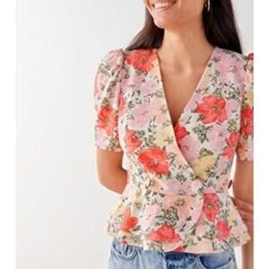& Other Stories Short Sleeve Floral Peplum Top Linen Blend Size 6